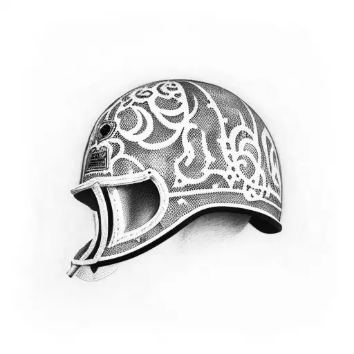 A Dotwork Tattoo Of A Motorcycle Helmet Adorned With Hunting Camouflage Patterns