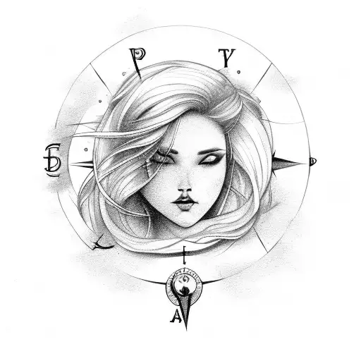Women With Hair Over Eyes With A Compass Above Her And Clouds With Eyes Looking Down
