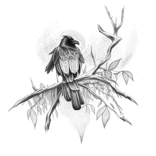 Mystical Black Crow Perched On A Tree Branch