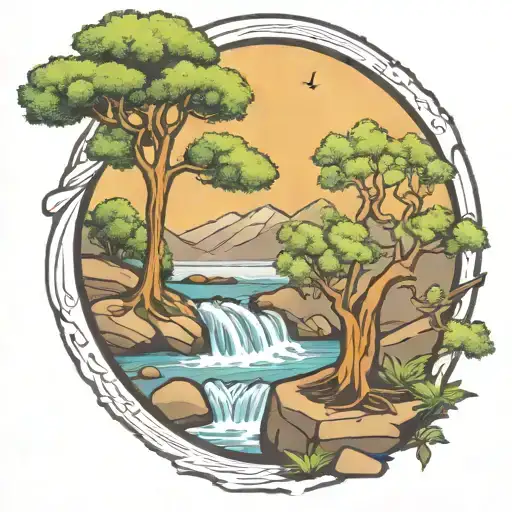 A River With A Campfire On One Side And An Olive Tree On The Other Side Waterfalls Down The Front