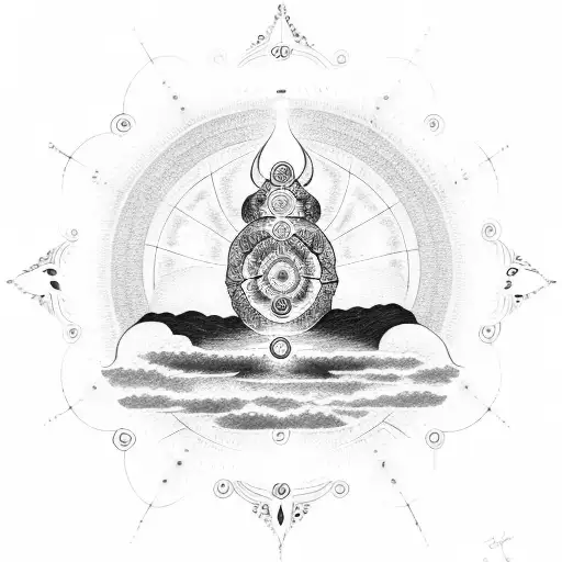 5 Chakras In Circle And Some Clouds On Background And Japanese Tree