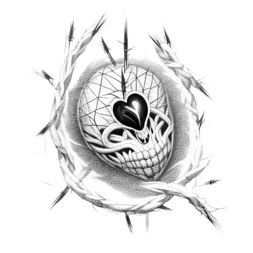 Broken Black And Red Frozen Human Heart Held Together With Barbed Wire