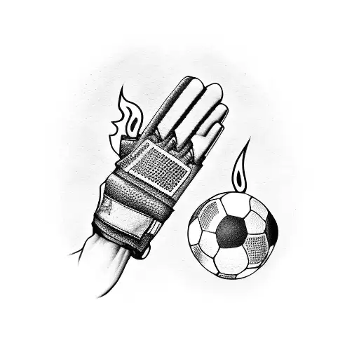 A Dotwork Tattoo Of A Goalkeeper's Gloves With A Soccer Ball On Fire