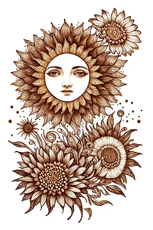 Brown Stretched Sun With Swirls And Asters And Dots