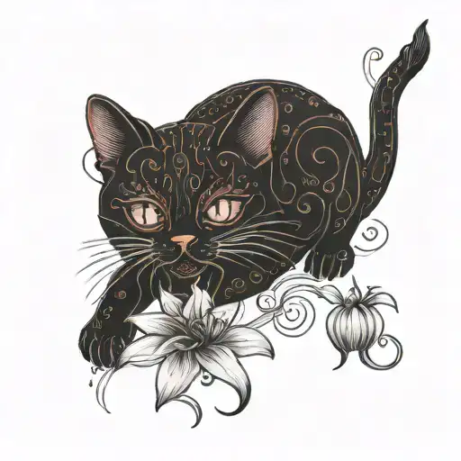 Black And Red Lucky Cat With Spider Lilies Scattered Throughout