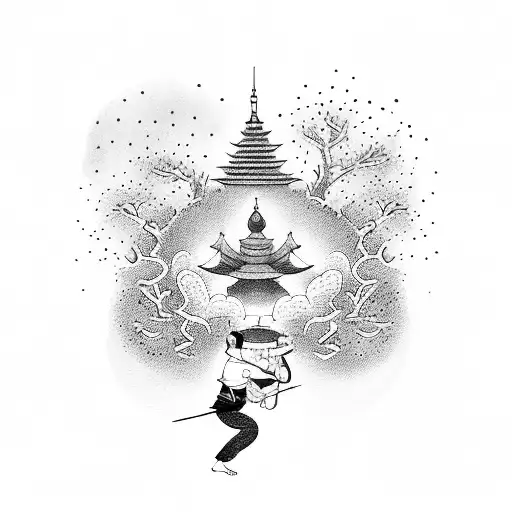 A Dotwork Tattoo Of A Martial Arts Master Meditating Under A Cherry Blossom Tree