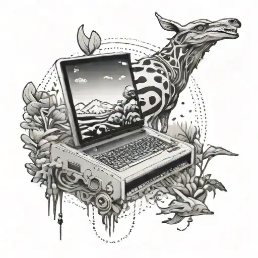 An Anime-inspired Tattoo Featuring A Futuristic Computer Landscape With African Wildlife