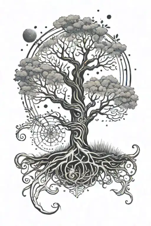 A Mystical Tree Of Life Tattoo With Universe Elements Swirling Around It