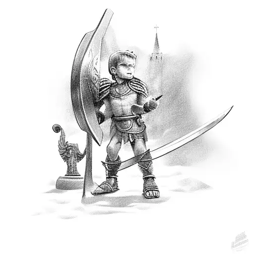 Little Boy Lokking At The Mirror And Seeing A Gloryful Gladiator On A Graveyard