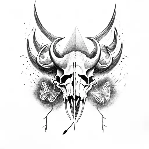 A Buffalo Skull With Butterfly Wings And Lightning Bolts Surrounding It