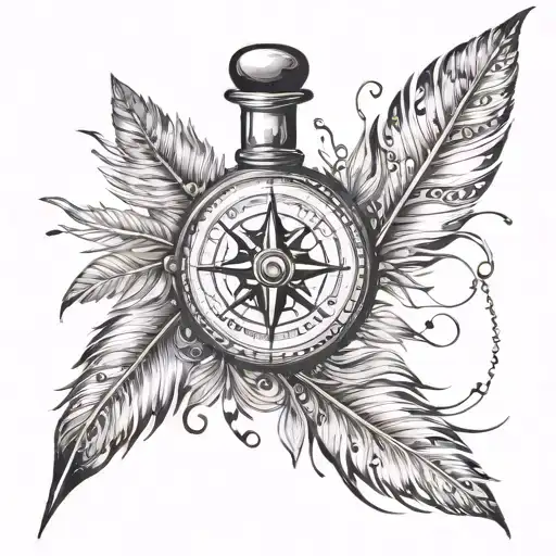 Compass And Feather And Ink Bottle Pouring