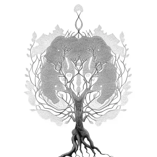 A Dotwork Tattoo Of A Tree With Roots That Form The Shape Of A Brain