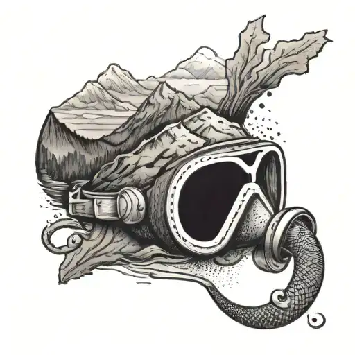 A Dotwork Tattoo Of A Mountain Range With A Hidden Diving Mask And Snorkel Design
