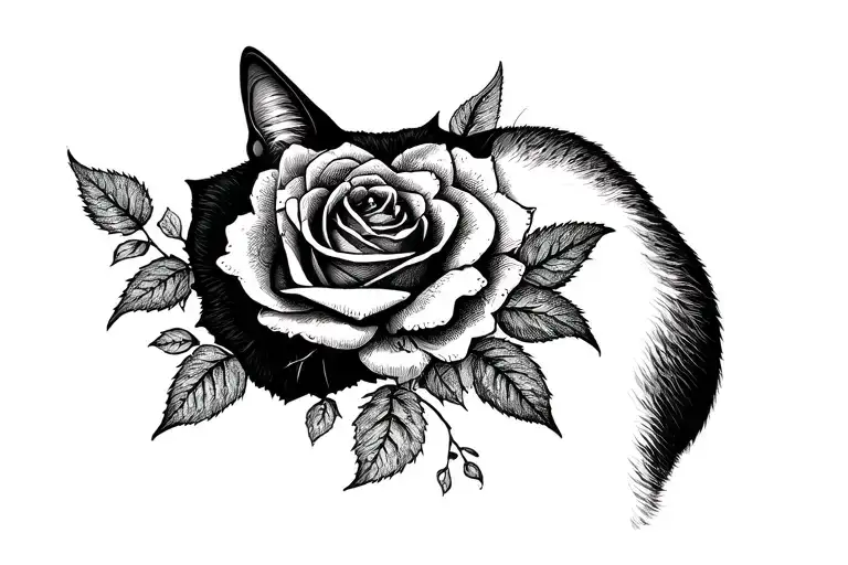 Black Cat And Rose Intertwined