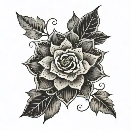 A Dotwork Tattoo Of A Mandala Design With Rose Petals And Vines Weaving Through The Pattern