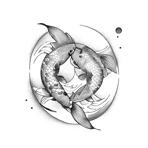 Koi Fish With Sun And Moon And Flowers