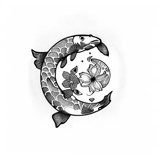 Koi Fish With Flowers Sun And Moon