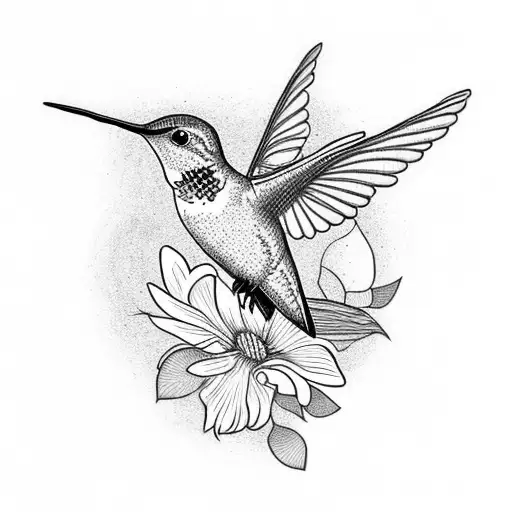 A Dotwork Design Featuring A Hummingbird Surrounded By Blooming Morning Glories