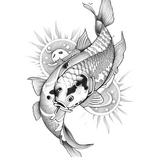 Two Koi Fish With Flowers Sun And Moon