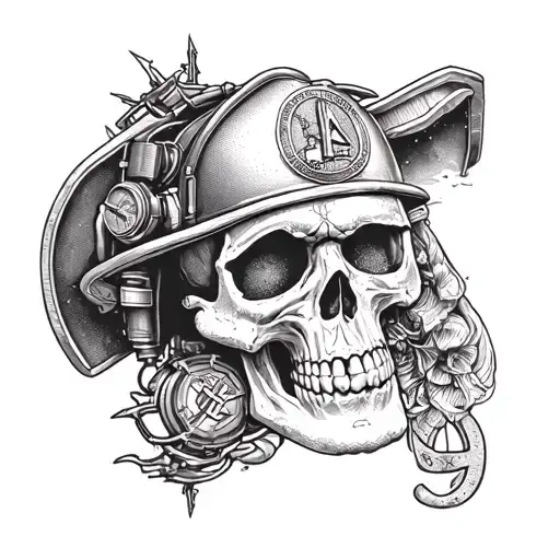 A Detailed And Intricate Skull Design Incorporating Elements Of Firefighting Equipment And Symbols
