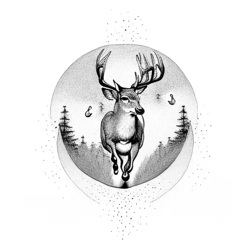 A Serene Landscape With A Deer Gracefully Leaping Over A Stream