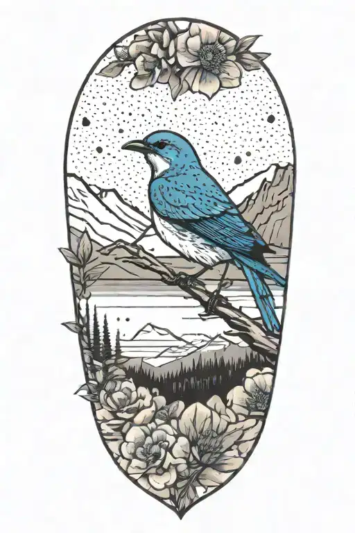 Simple Mountain Blue Bird With The Rocky Mountains In The Back And Wild Prairie Roses Around