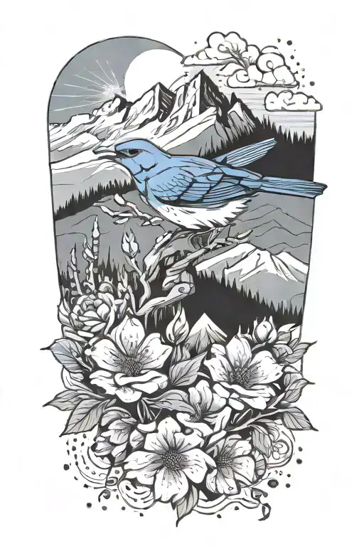 Mountain Blue Bird With The Rocky Mountains In The Back And Wild Prairie Roses Around