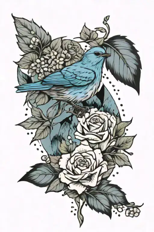 Mountain Blue Bird With The Rocky Mountains In The Back And Wild Prairie Roses Around