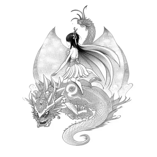 A Serene Anime-inspired Scene Featuring A Graceful Fairy And A Magical Dragon In Flight