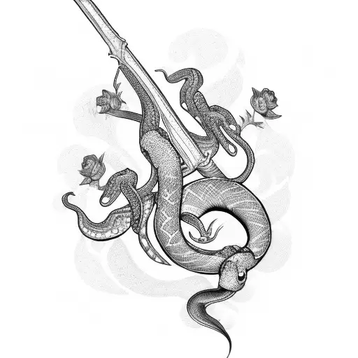 Feminine Snake And Sword With Floral Elements