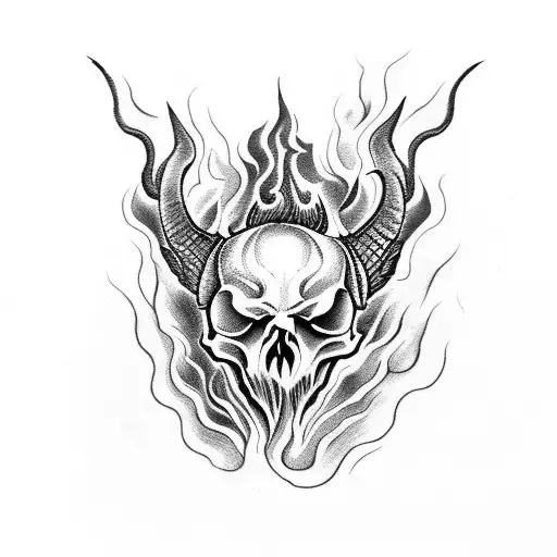 A Gothic Skull Ram Surrounded By Fiery Flames In Dotwork Style