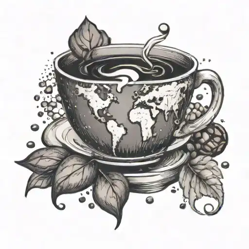 A Coffee Cup Morphing Into A Globe Surrounded By Coffee Beans
