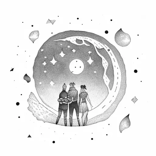 Full Moon Over A Forest In A Sky Of Stars With A Man And Woman Looking Up At It