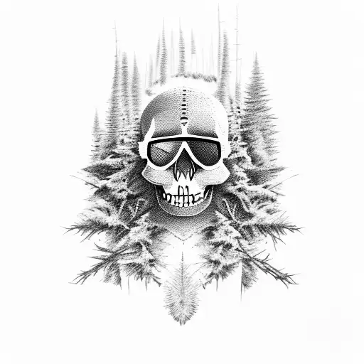Skull With Ski Goggles Trees And Mountain