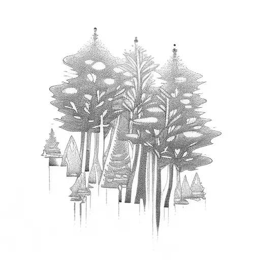A Dotwork Tattoo Of A Serene Forest Landscape With A Hidden Ocean Horizon In The Background