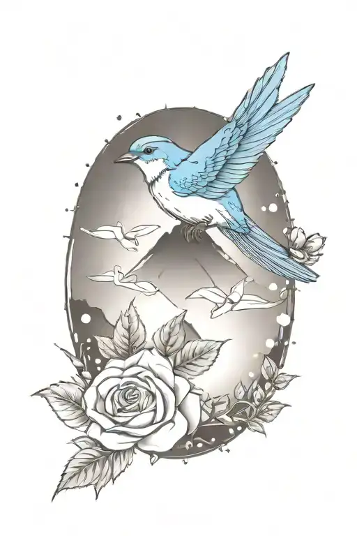 Small Mountain Blue Bird Flying With The Rocky Mountains And Small Wild Praire Roses