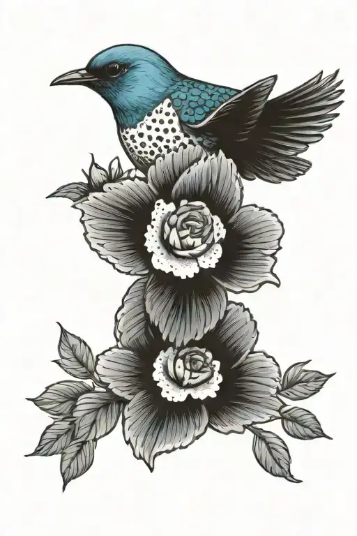 Small Mountain Blue Bird Flying With The Rocky Mountains And Small Wild Praire Roses