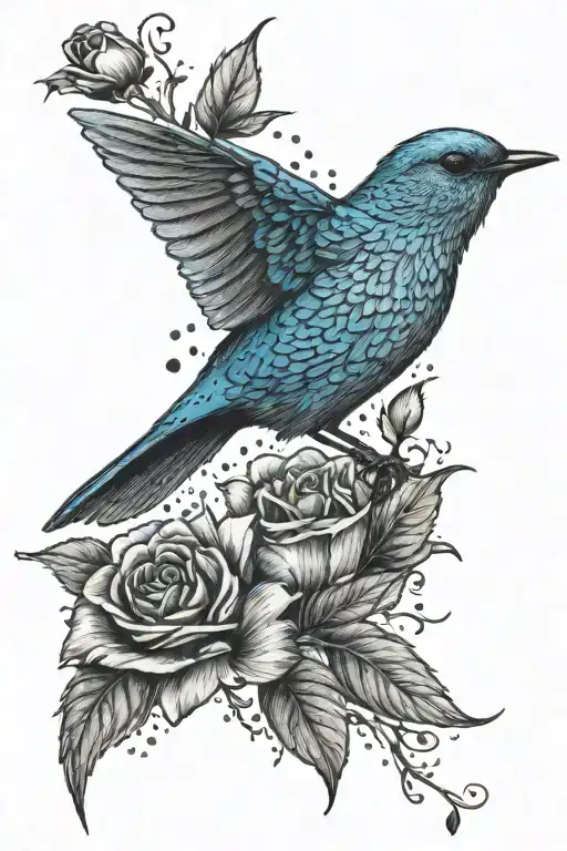 Small Mountain Blue Bird Flying With The Rocky Mountains And Small Wild Praire Roses