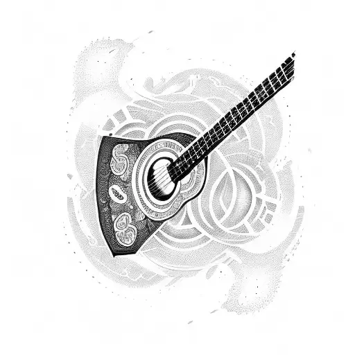 A Dotwork Design Of A Guitar Surrounded By Zodiac Symbols