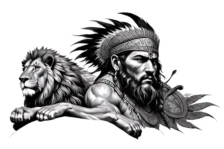 A Shaman With Lion Surrounding Him As A Chest Piece Tattoo With Geometric Lines