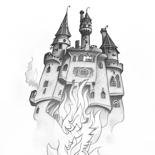 A Medieval Castle Engulfed In Flames With A Witch Flying Overhead