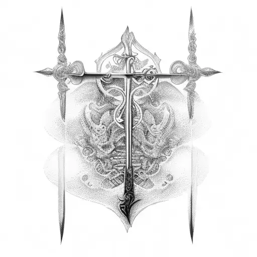 Tattoo Facing Downward Across The Spine Of A Sword With Rosary Beads Around