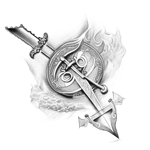 Tattoo Facing Downward Of A Sword With Rosary Beads Around