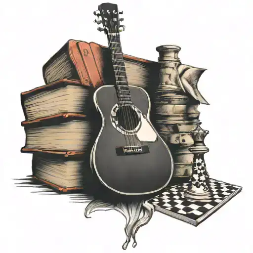 A Classic Guitar And A Tower Of Chess With A Book Open