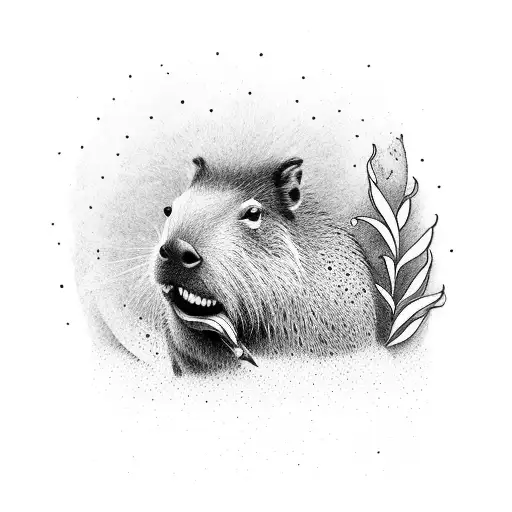 A Dotwork Tattoo Of A Capybara Gracefully Swimming In A River With A Fishing Rod In Its Mouth