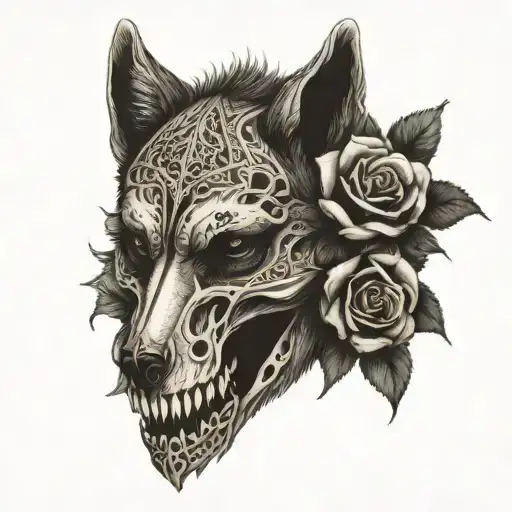 Wolf Crow Skull Roses Blooming
