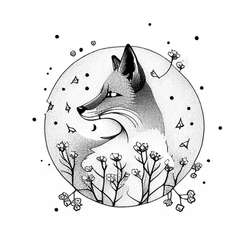 A Fox Sits Under A Tree And Looks Up At The Night Sky In A Frame Of The Forget Me Not Flower