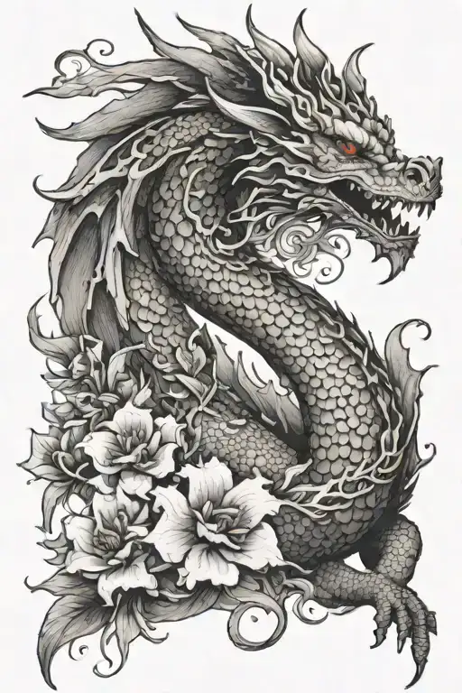 Mythical Dragon With Flowers Blooming