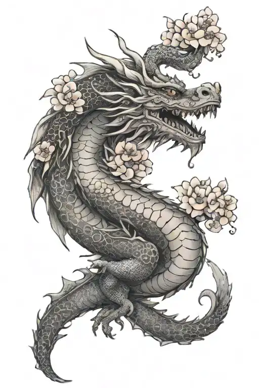 Mythical Dragon With Flowers Blooming Cherry Blossom