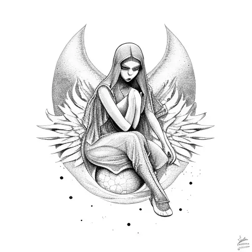 Angel Sitting On A Moon Praying